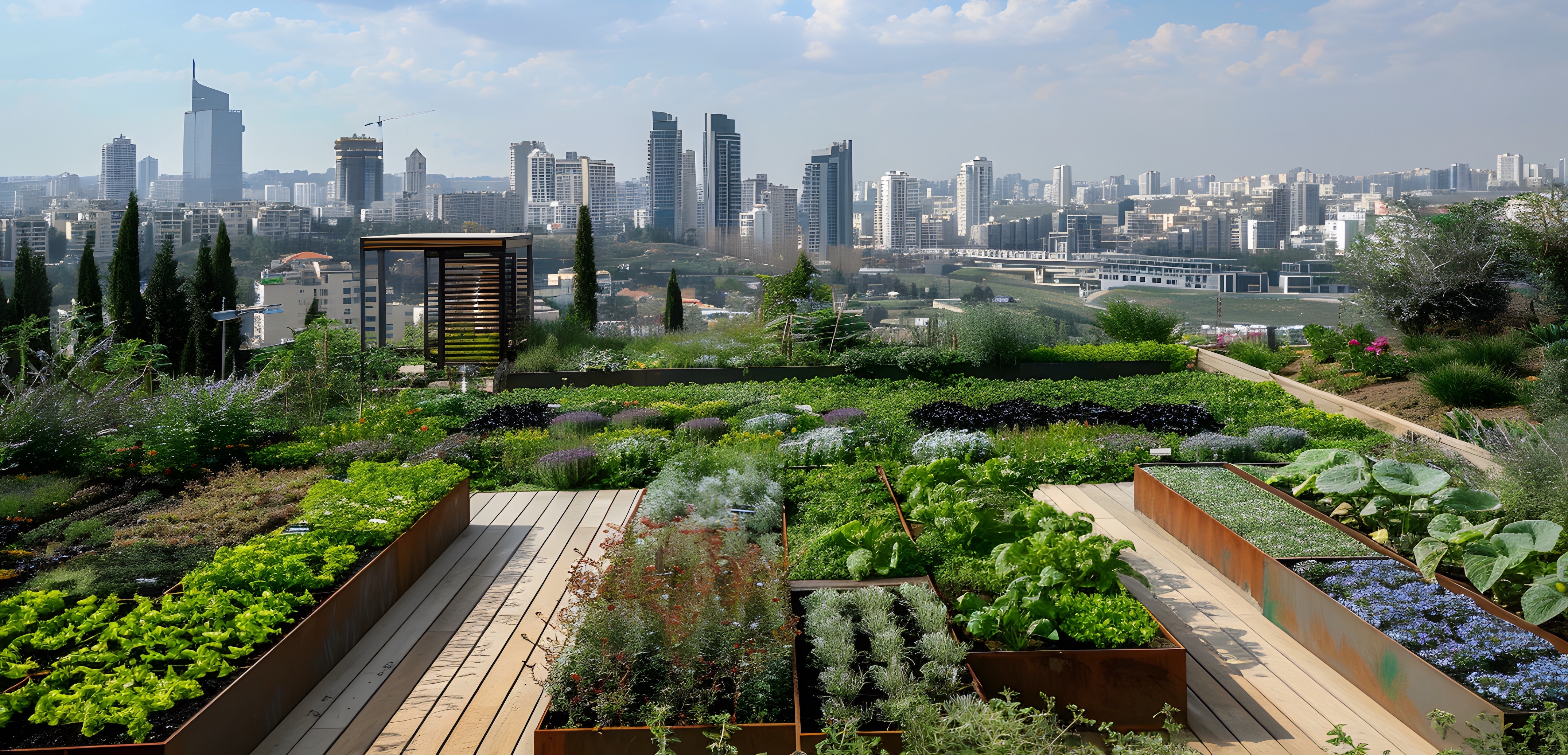 photo of rooftop garden overlooking city