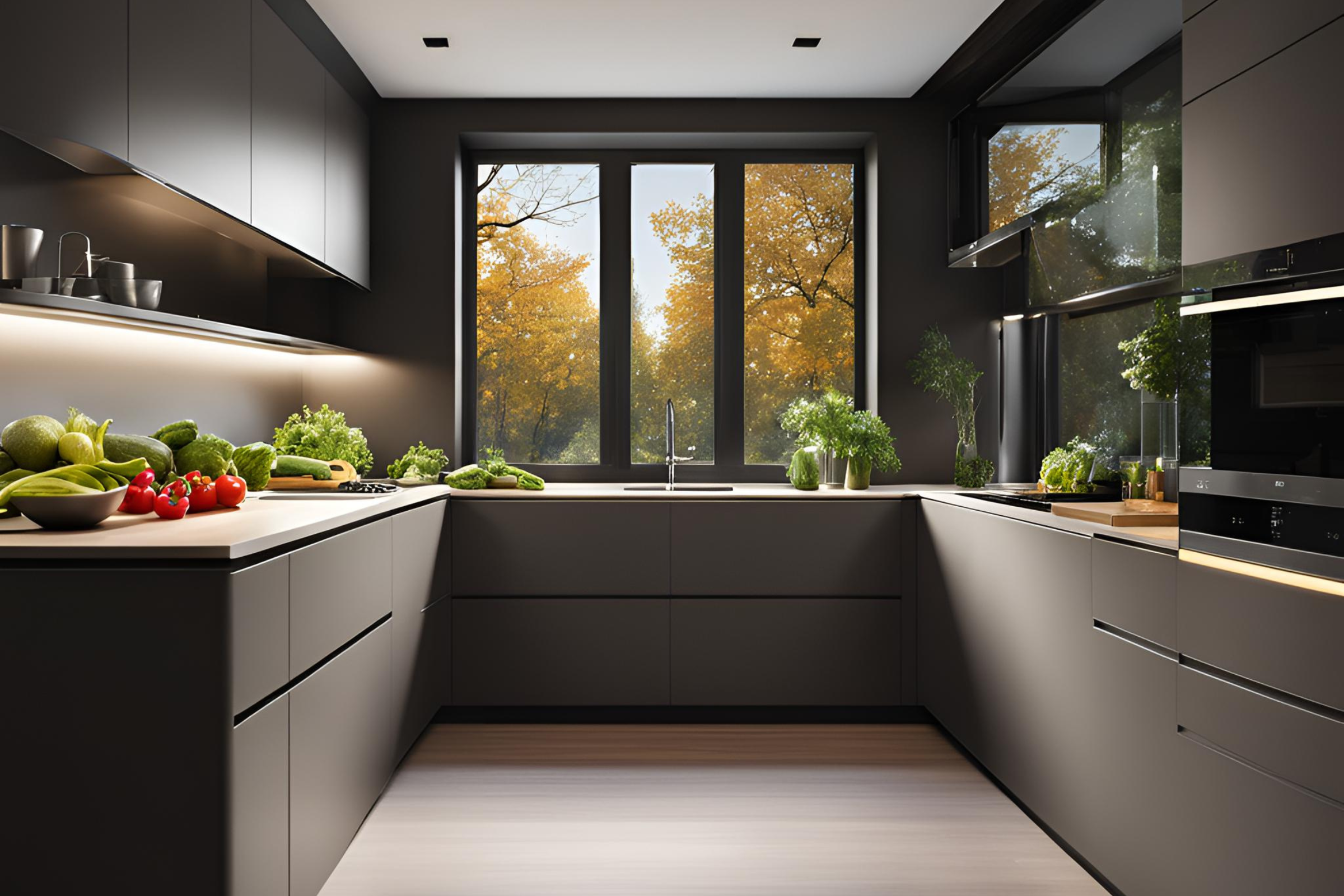 photo of kitchen with vegetables on counter and window overlooking trees